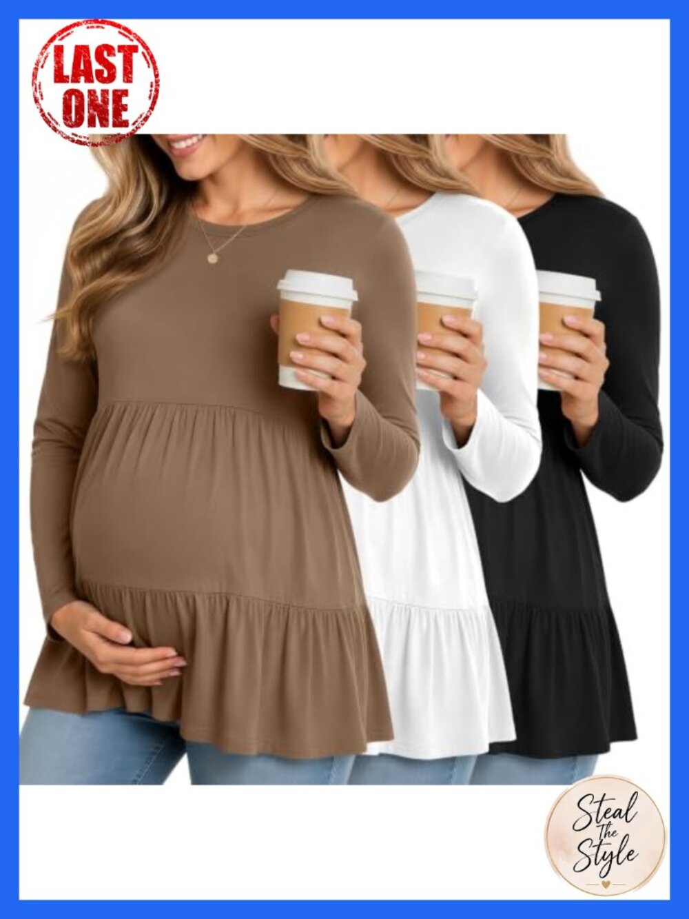 Maternity Ruffle Babydoll Tops 3 Pack Long Sleeve Loose Fit Tiered Blouses